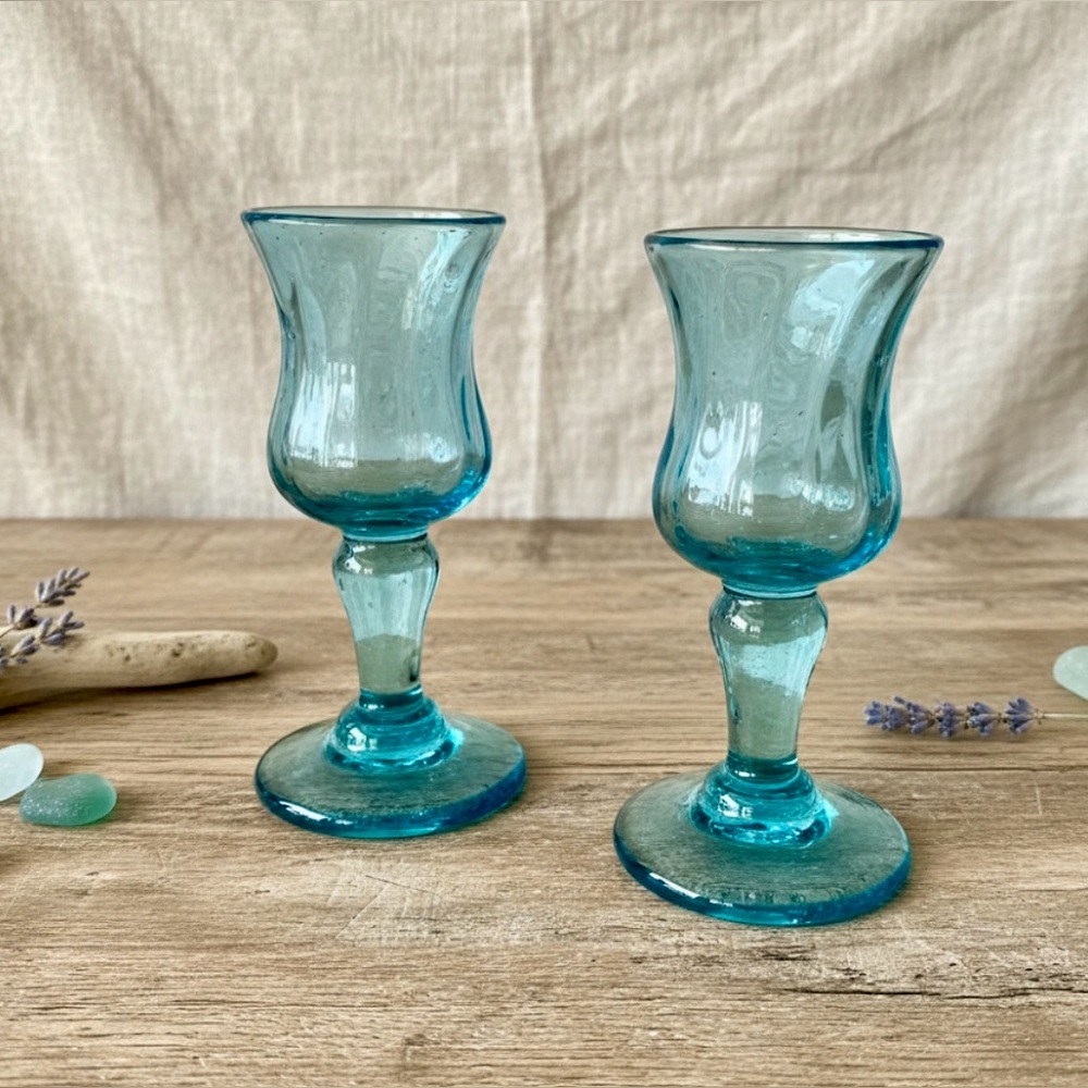 MCM Mexican Recycled Aqua Bubble Glass Cordial Shooters - Set of 2
